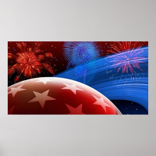 Rött vitt blått stjärnor och Fireworks Poster (Framsidan)