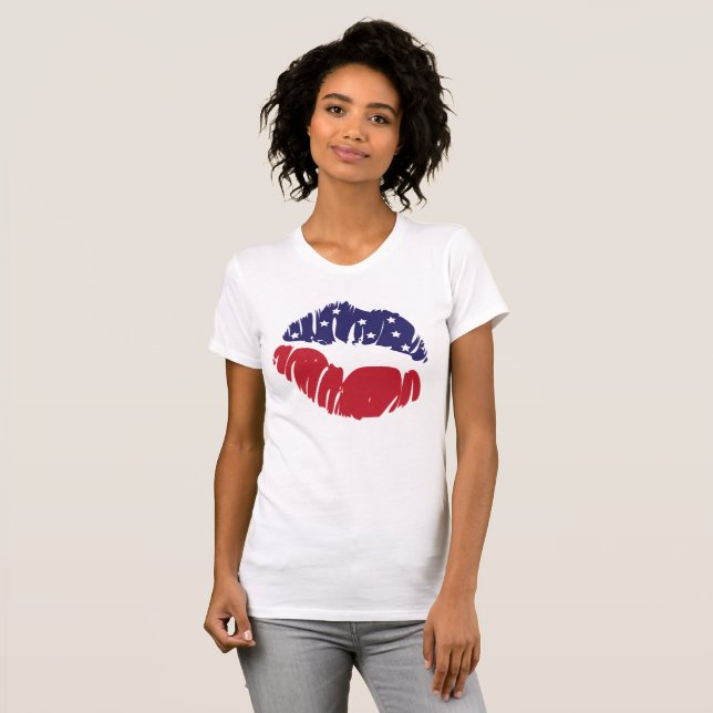 Rött vitt blått stjärnor Rand 4 juli KISS LÄPPAR T Shirt (Hel framsida)