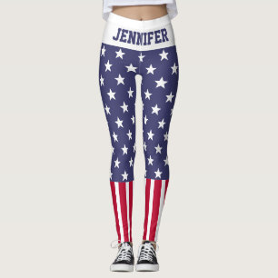 Rött vitt blått stjärnor Rand USA flagga Ditt namn Leggings