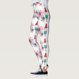 Rött vitt blått USA Patriotic Rocket Pop Fireworks Leggings