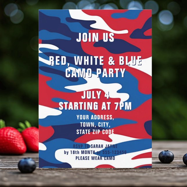 Rött vitt blått videokamera 4:e juli-partiets inbj inbjudningar (Celebrate 4th of July with a red, white and blue camo party. Just add your details)