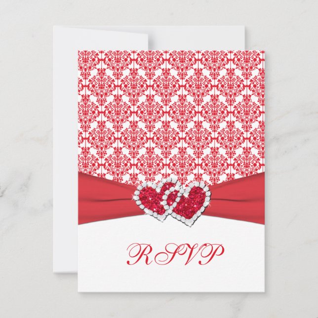 Rött & Vitt Damask & Hjärtan RSVP-kort Inbjudningar (Framsida)