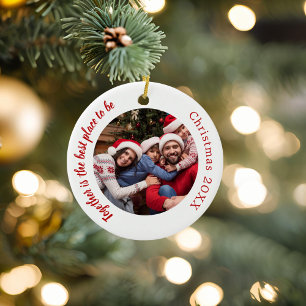 Rött vitt foto-familj tillsammans, prisa jul julgransprydnad keramik