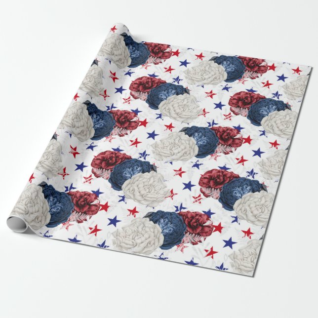 Rött, Vitt och Blått Blommigt USA-mönster Presentpapper (Utrullad)