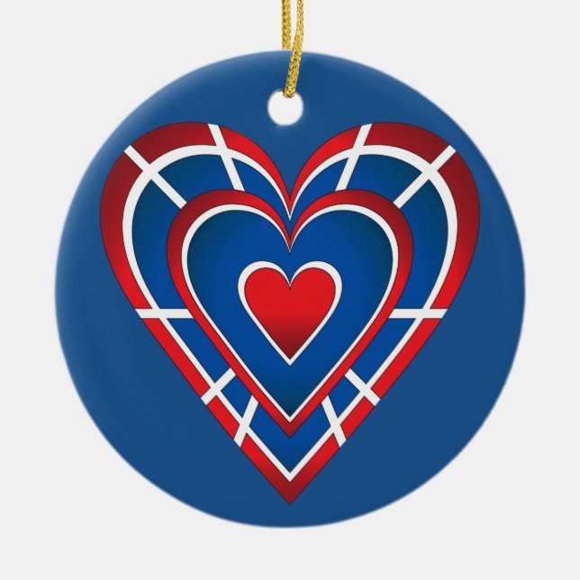 Rött vitt och blått hjärta julgransprydnad keramik (Framsidan)