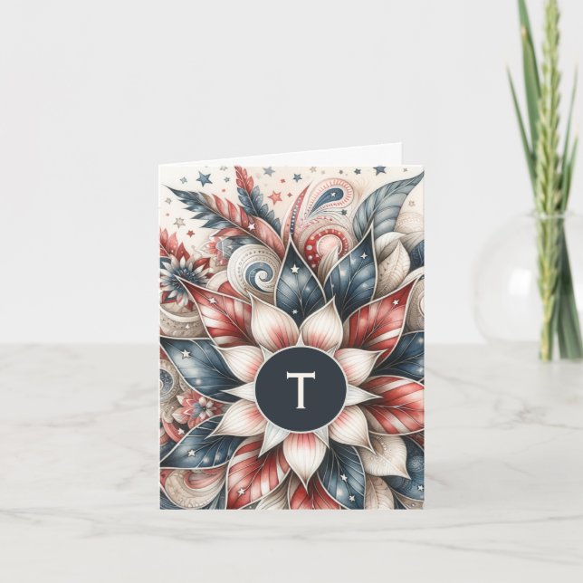 Rött, vitt och blått, monogramanteckningskort anteckningskort (Framsida)