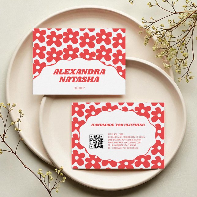 Rött vitt Y2K Flower handgjord kläder Visitkort (Red White Y2K Flower Handmade Clothing Business Card)