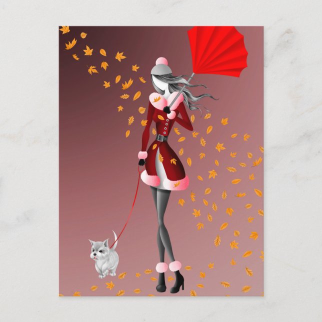 Rött vykort för hund & Dam Höst löv (Framsida)