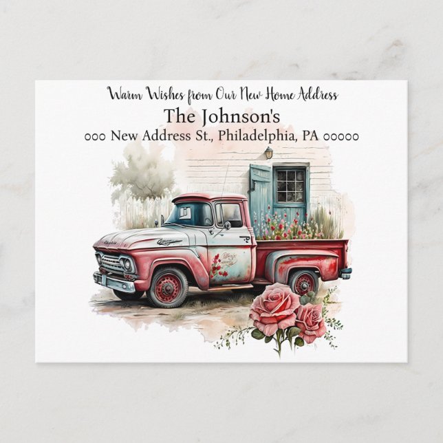 Rött vykort för Pickupa Lastbil Vi har flyttat (Framsida)