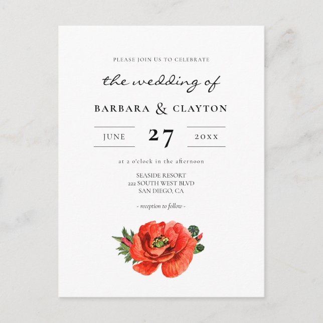 Rött vykort för vallmofärgsbröllopsinbjudan (Framsida)