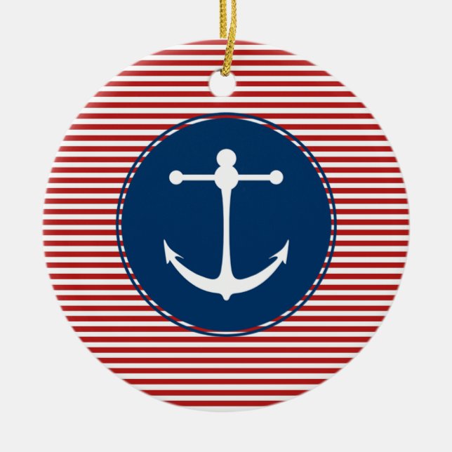 Rött yachtklubbmönster julgransprydnad keramik (Framsidan)
