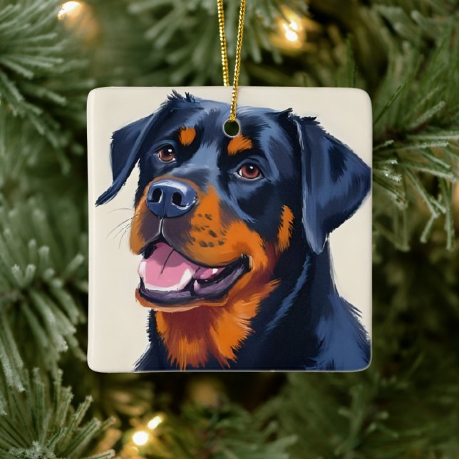 Rottweiler | Akvarell Hund Måleri Julgransprydnad Keramik (Träd)
