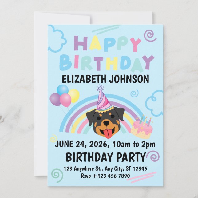 Rottweiler Birthday Invitation in Blue Inbjudningar (Framsida)