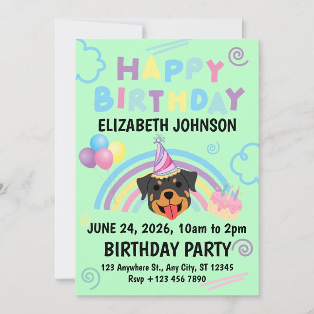 Rottweiler Birthday Invitation in Green Inbjudningar (Framsida)