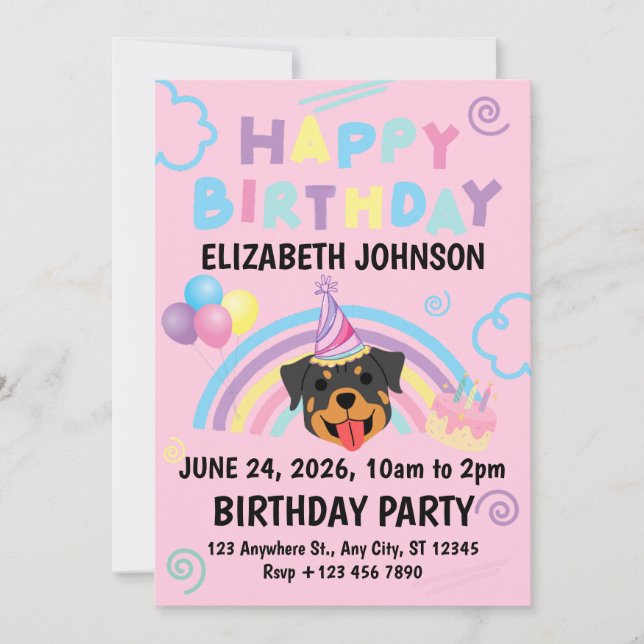 Rottweiler Birthday Invitation in Pink Inbjudningar (Framsida)