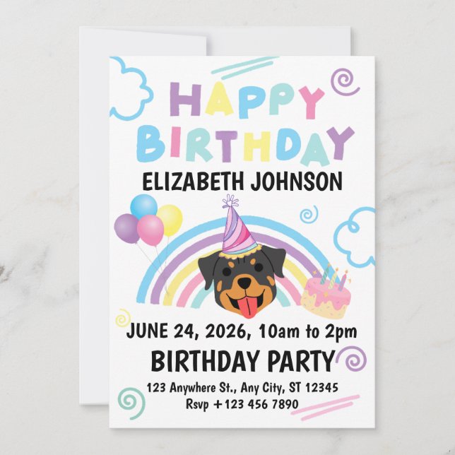 Rottweiler Birthday Invitation in White Inbjudningar (Framsida)