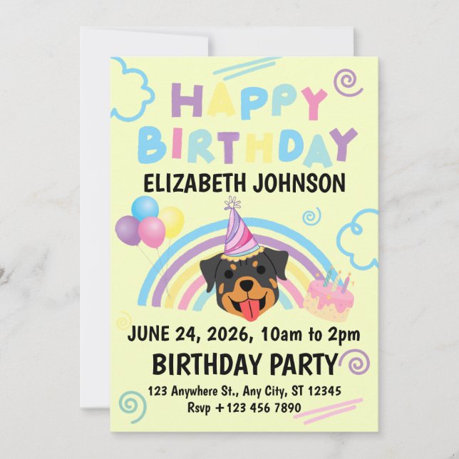 Rottweiler Birthday Invitation in Yellow Inbjudningar (Framsida)