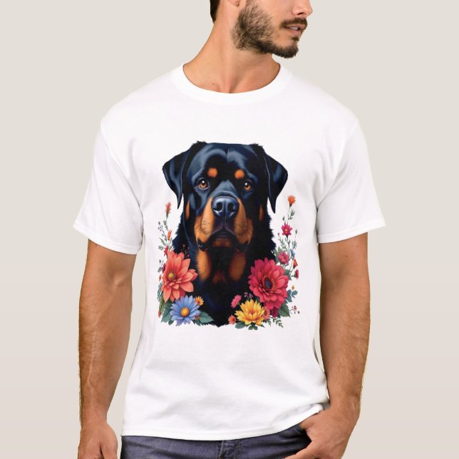 Rottweiler Blommor T Shirt (Framsida)