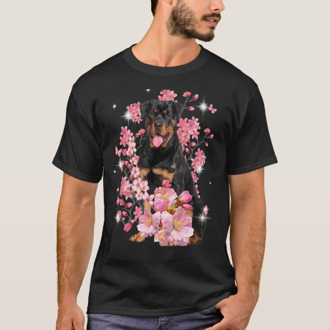 Rottweiler Cherry Blommar Flowers T Shirt (Framsida)