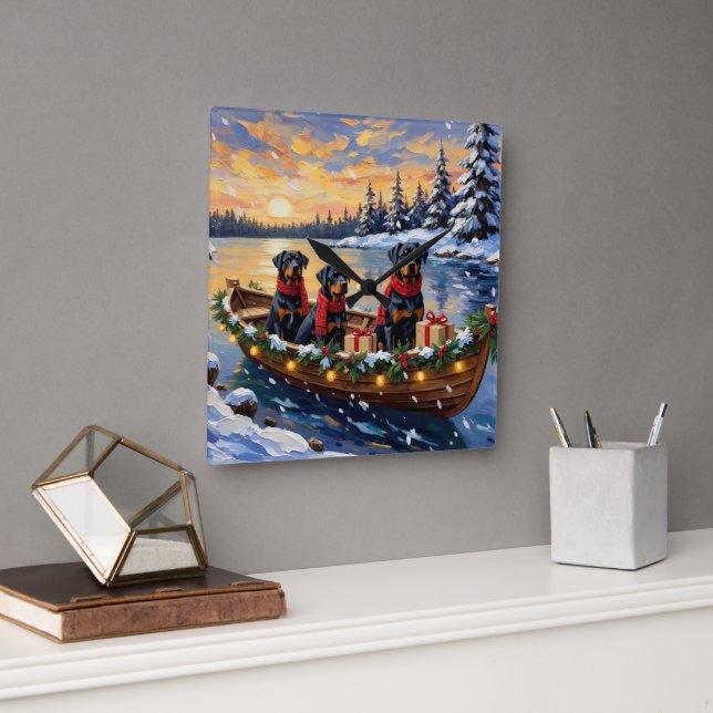 Rottweiler Christmas Boat Holiday Fyrkantig Klocka (Kontor)