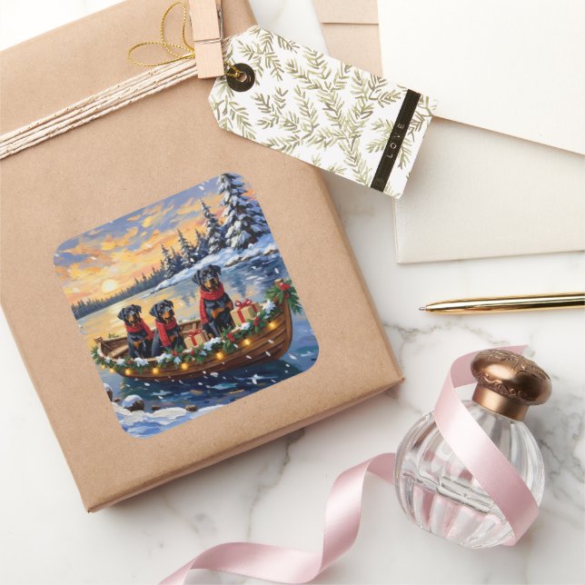 Rottweiler Christmas Boat Holiday Fyrkantigt Klistermärke (Gifting)