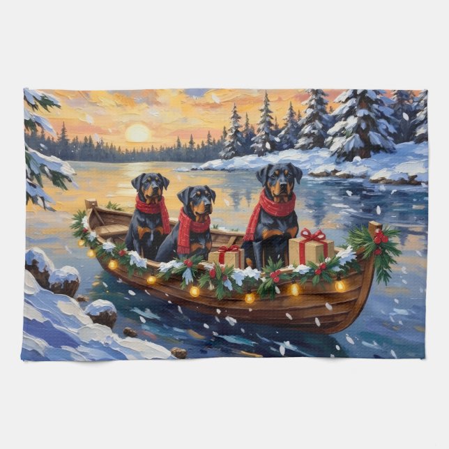 Rottweiler Christmas Boat Holiday Kökshandduk (Horisontell)