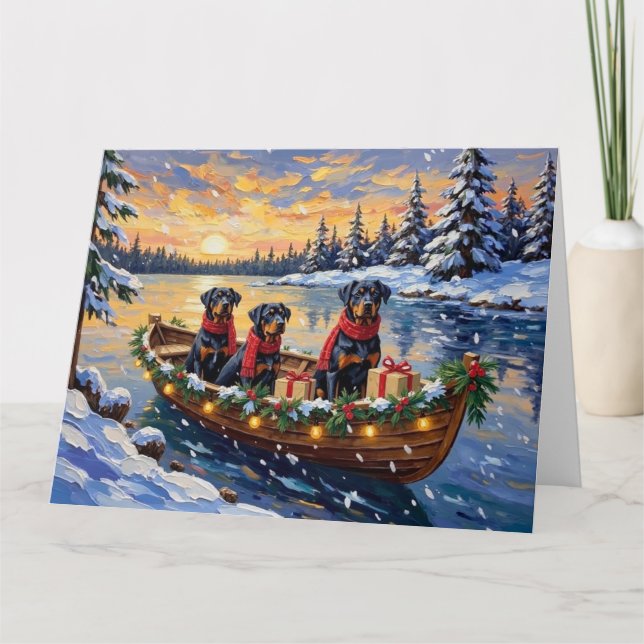 Rottweiler Christmas Boat Holiday Kort (Framsida)