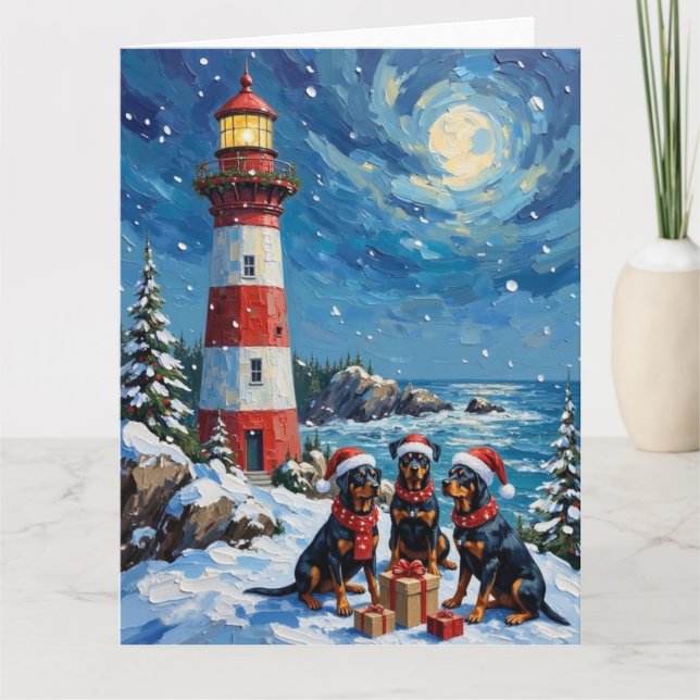 Rottweiler Christmas Lighthouse Holiday Kort (Framsida)