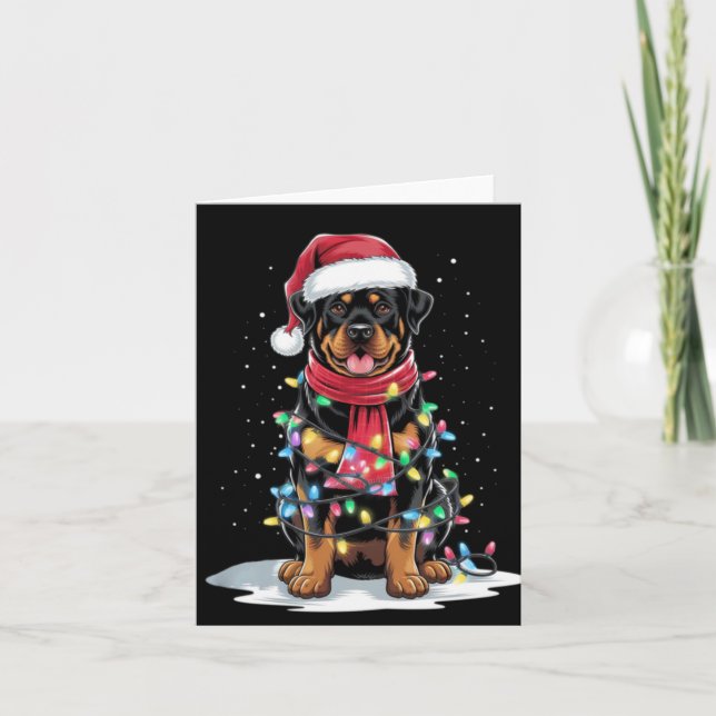 Rottweiler Christmas Tree Santa Hat Lights Xmas Do Kort (Framsida)