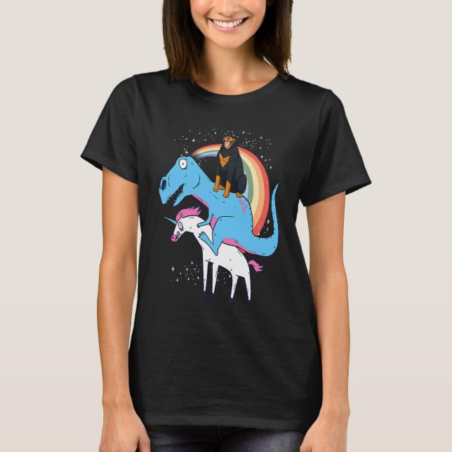 Rottweiler Dinosaur Riding Unicorn Kids Men Rainbo T Shirt (Framsida)