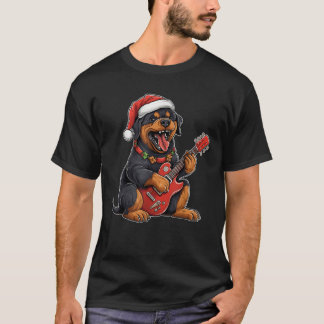 Rottweiler Dog Playing Guitar Santa Hat Xmas Chris T Shirt