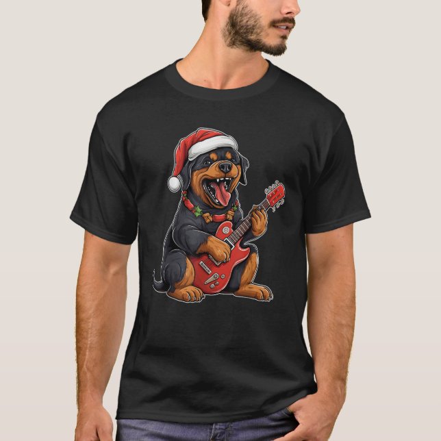 Rottweiler Dog Playing Guitar Santa Hat Xmas Chris T Shirt (Framsida)