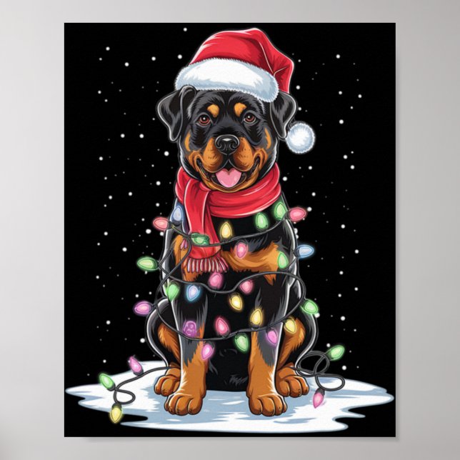 Rottweiler Dog Santa Hat Christmas Tree Light Xmas Poster (Framsidan)