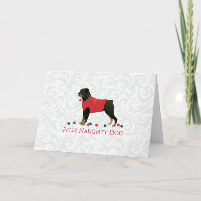 Rottweiler Feliz Naughty Hund juldesign Helgkort (Framsida)