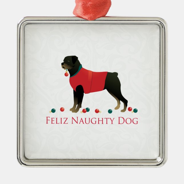 Rottweiler Feliz Naughty Hund juldesign Julgransprydnad Metall (Framsidan)