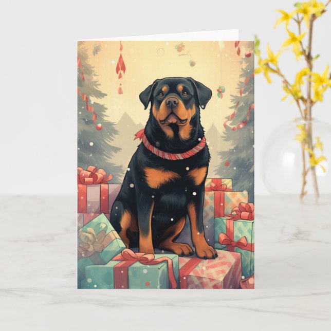 Rottweiler Guarding Julklapp Kort (Gul blomma)