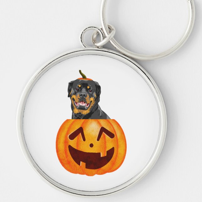 Rottweiler Halloween Rund Silverfärgad Nyckelring (Framsidan)