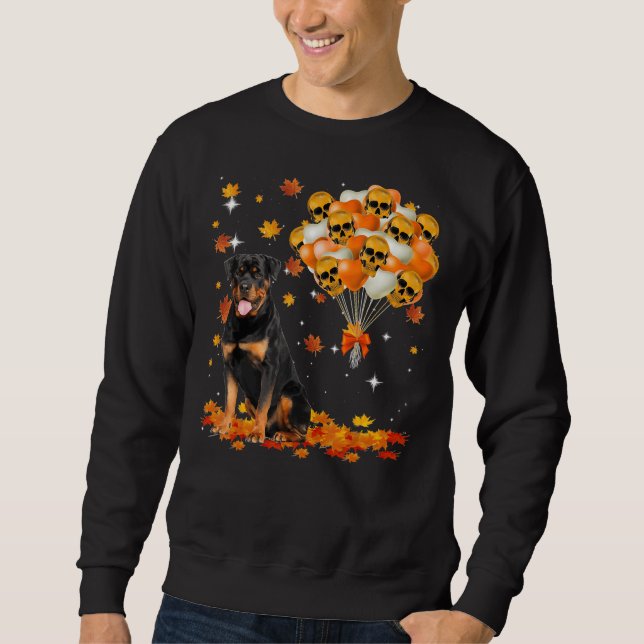Rottweiler Halloween Skull och hjärtballonger Lång Ärmad Tröja (Framsida)