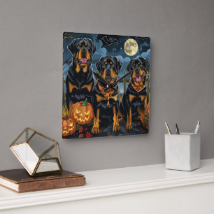 Rottweiler Halloween Spooky Fyrkantig Klocka