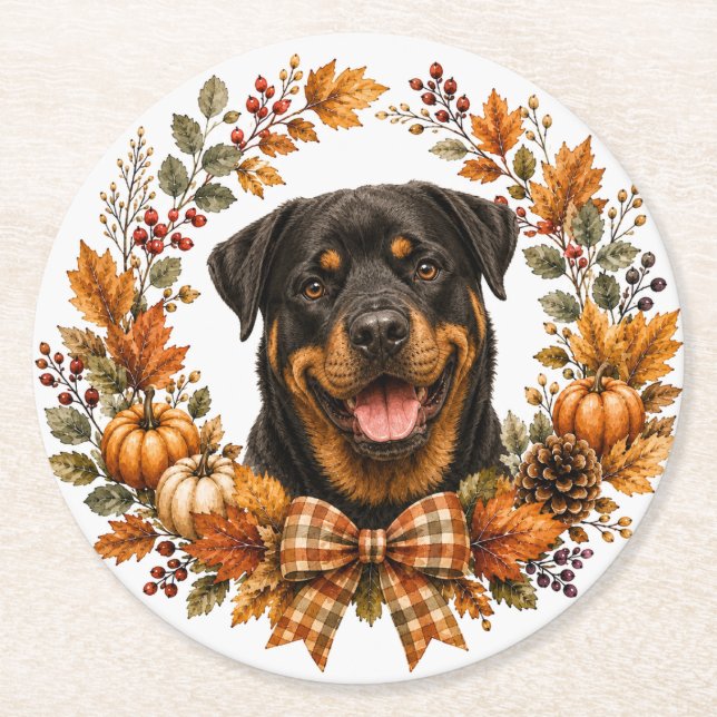 Rottweiler höstkrans coaster underlägg papper rund (Framsidan)