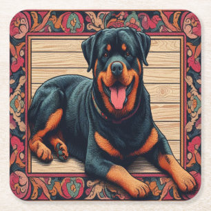 Rottweiler Hund 3D-Snyggt Färgfull Gräns Underlägg Papper Kvadrat