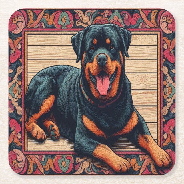 Rottweiler Hund 3D-Snyggt Färgfull Gräns Underlägg Papper Kvadrat (Framsidan)