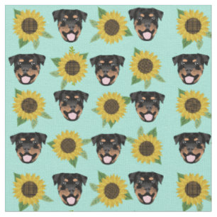 Rottweiler hund ansikte solblommor mynta tyg