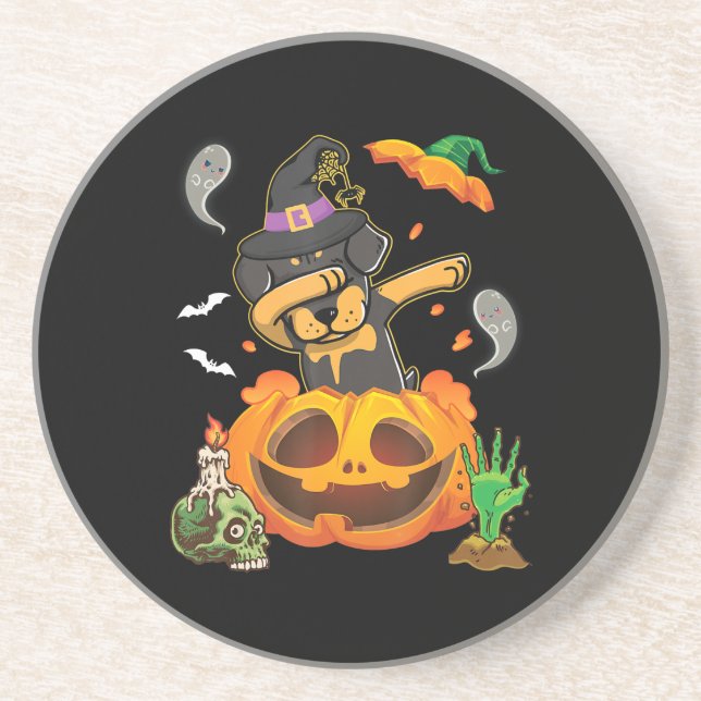Rottweiler Hund dabbing to Open Pumpkin Egg Lyckli Underlägg (Framsidan)