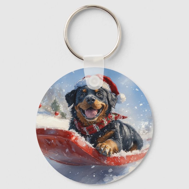 Rottweiler Hund i Släd Låt det Snöa Jul Nyckelring (Framsida)