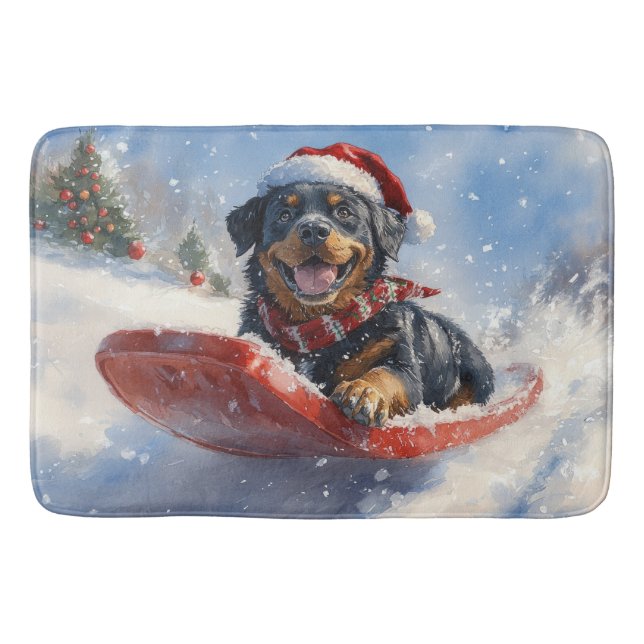 Rottweiler Hund i Släde Låt det Snöa Jul Badrumsmatta (Framsidan)