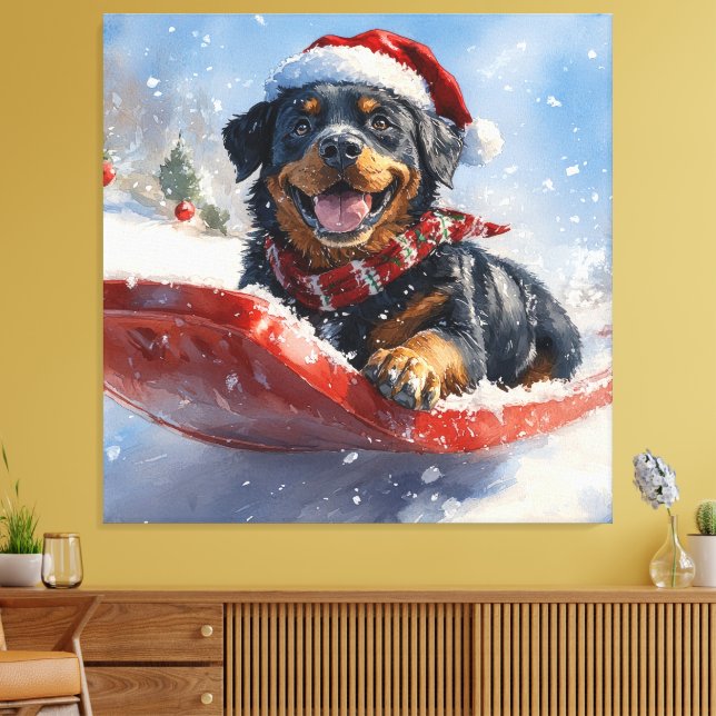 Rottweiler Hund i Släde Låt det Snöa Jul Canvastryck (Insitu (Vardagsrum))