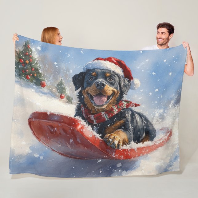 Rottweiler Hund i Släde Låt det Snöa Jul Fleecefilt (På plats)