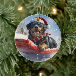 Rottweiler Hund i Släde Låt det Snöa Jul Julgransprydnad Keramik