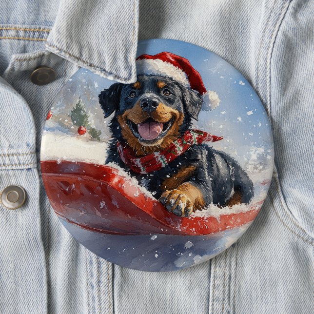 Rottweiler hund i släde Låt det snöa jul Knapp (In Situ)